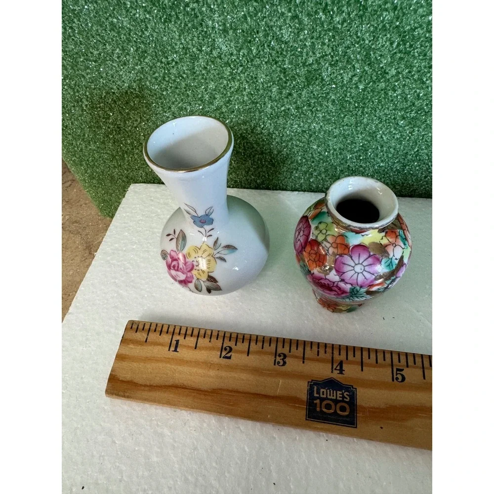 Vintage Miniature Porcelain Bud Vases Floral Millefleur Gold Trim Set of 2